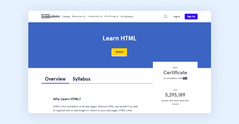 Learn HTML course on Codecademy