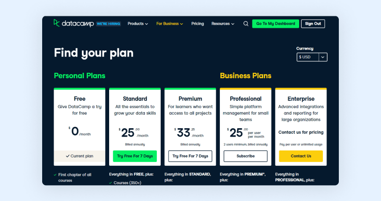 DataCamp pricing page DataCamp pricing page